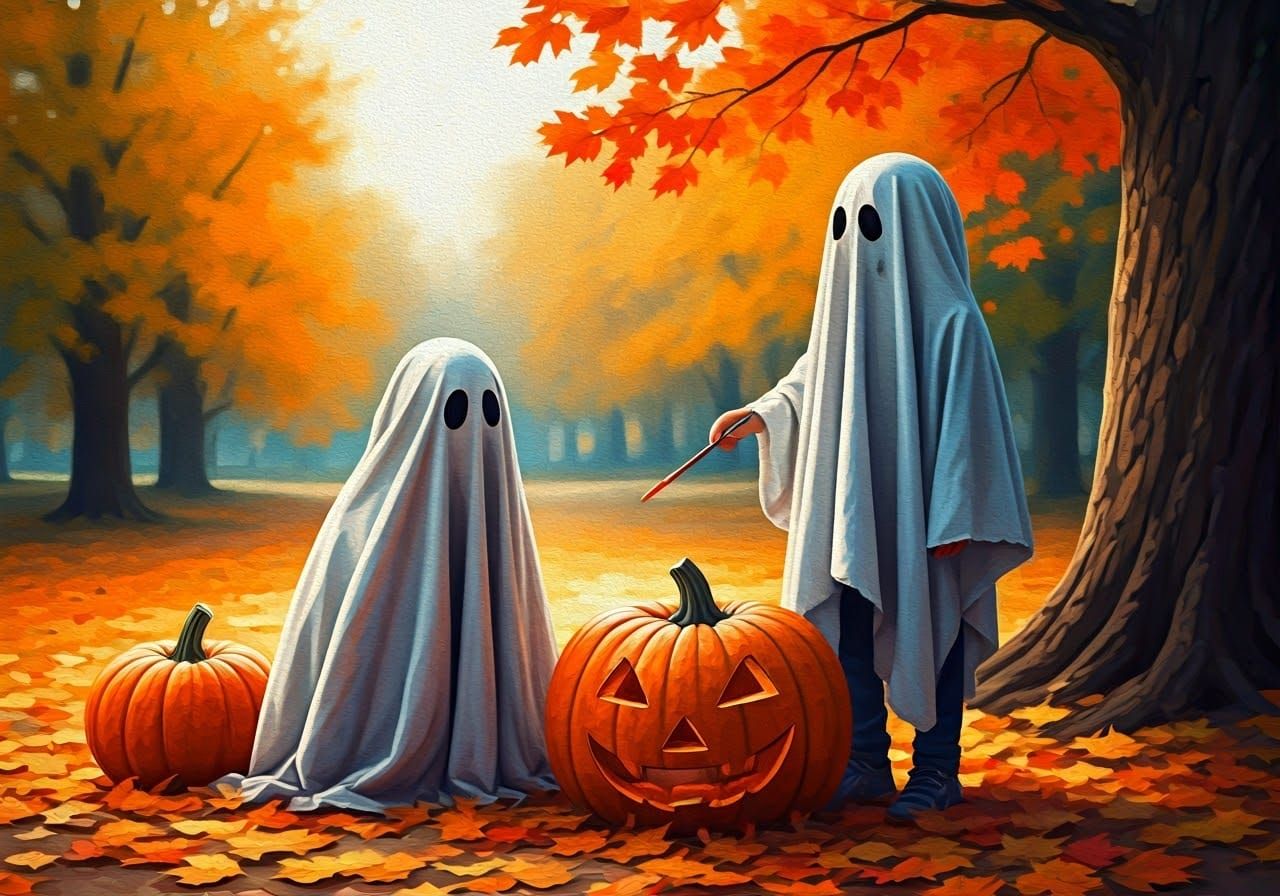 Halloween Ghosts Painting Pumpkins: Watercolor Impressionist...
