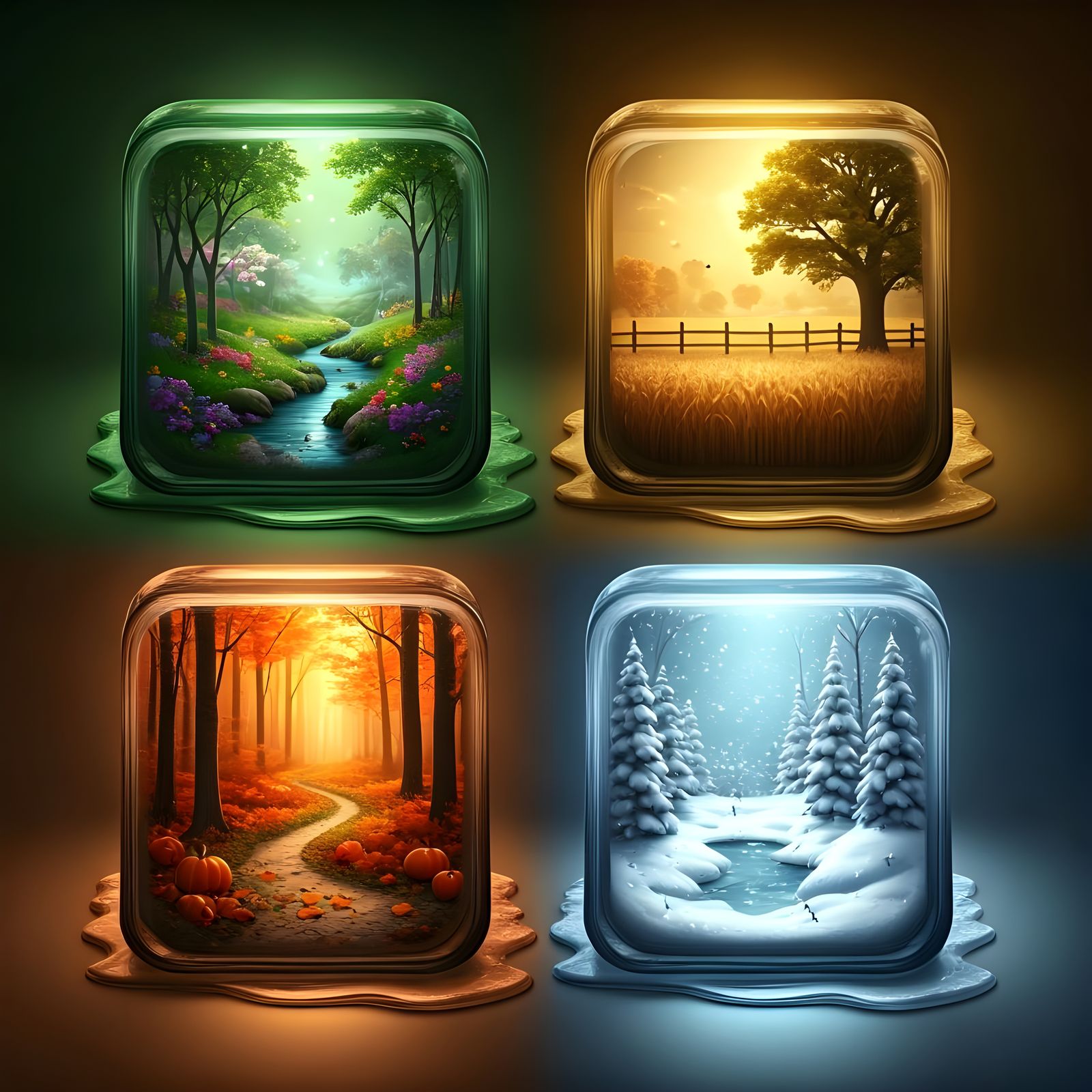 Four Seasons Dioramas in Glass Cubes