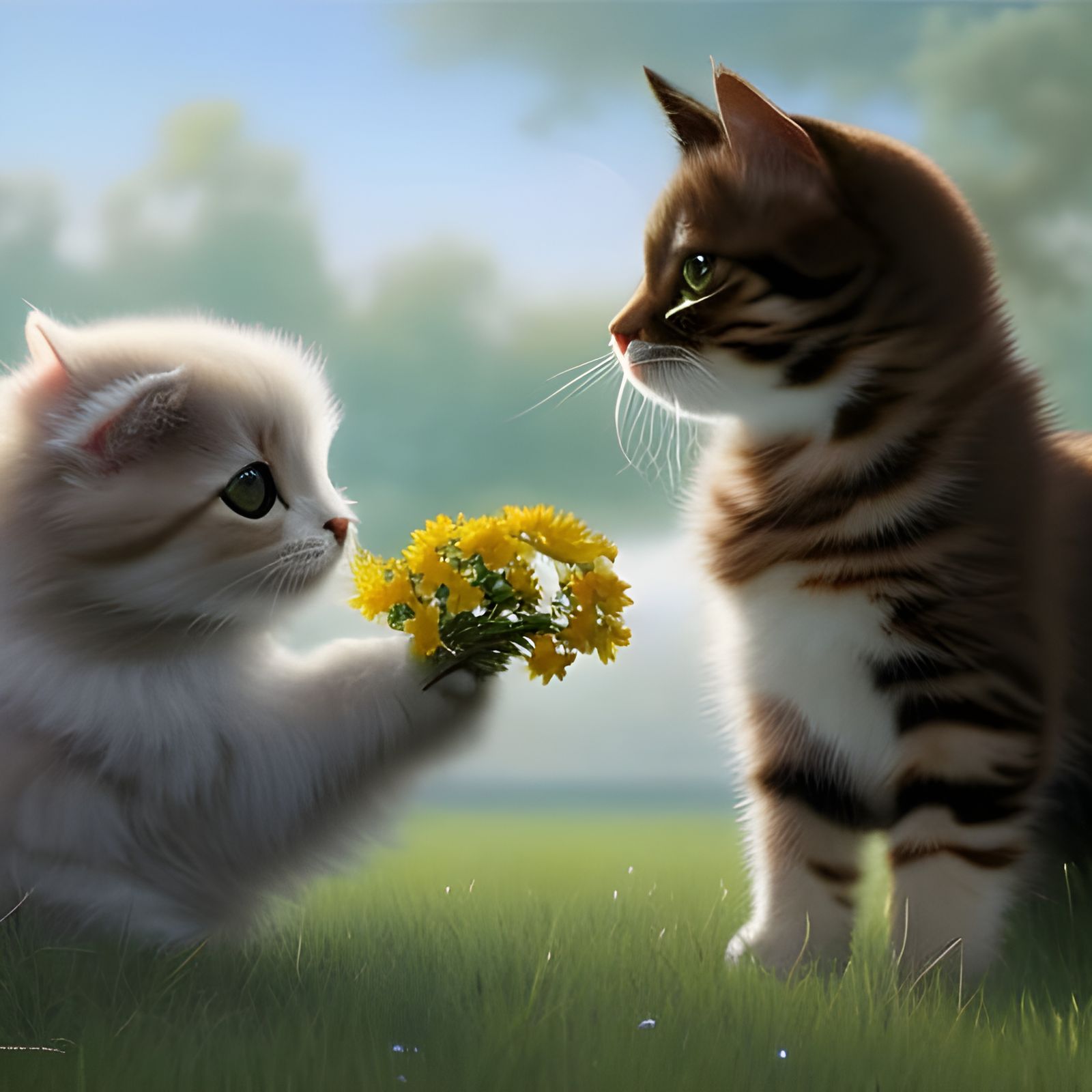 Cat Offering Flower to Puppy: Hyperrealistic Oil Painting