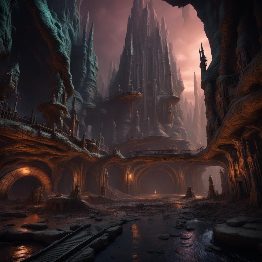 Alien Underground City in Detailed Matte Painting Style
