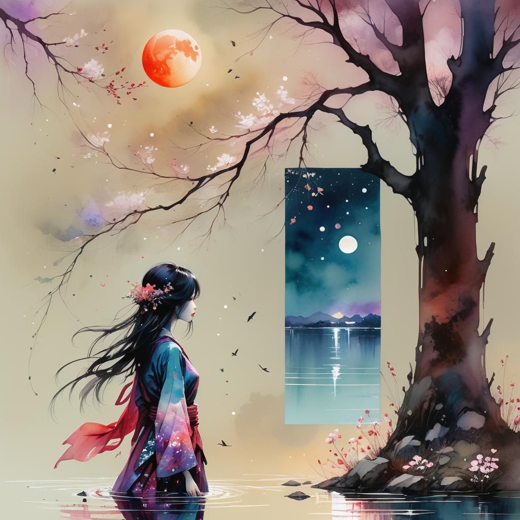 Dreamy Lake Glade at Night in Watercolor Style