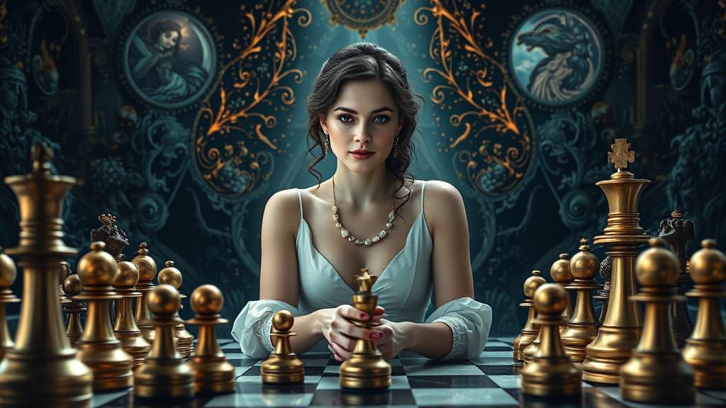 Regal Chessboard Goddess in Photorealistic Style