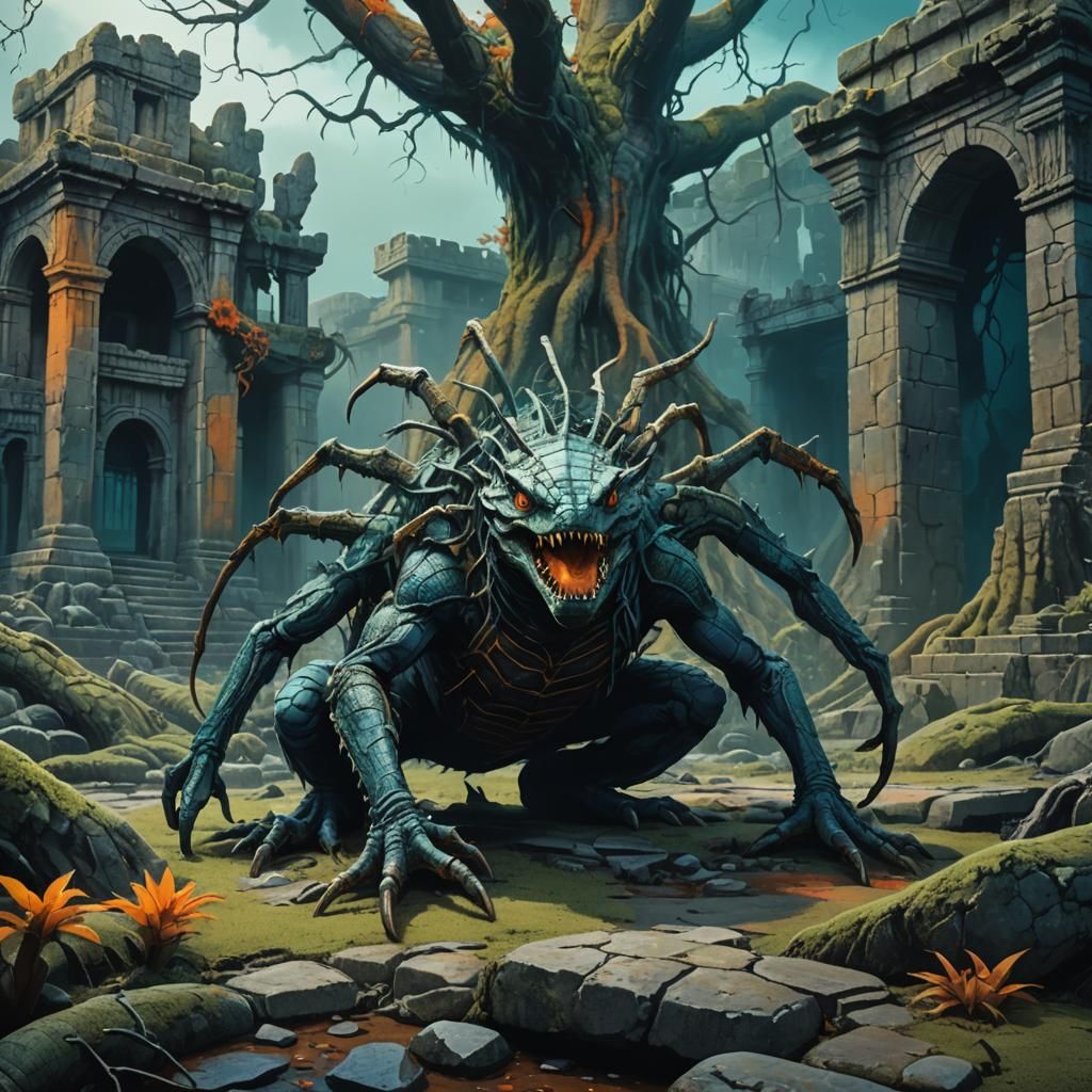 Dark Fantasy Spider Crocodile Creature in Ruins