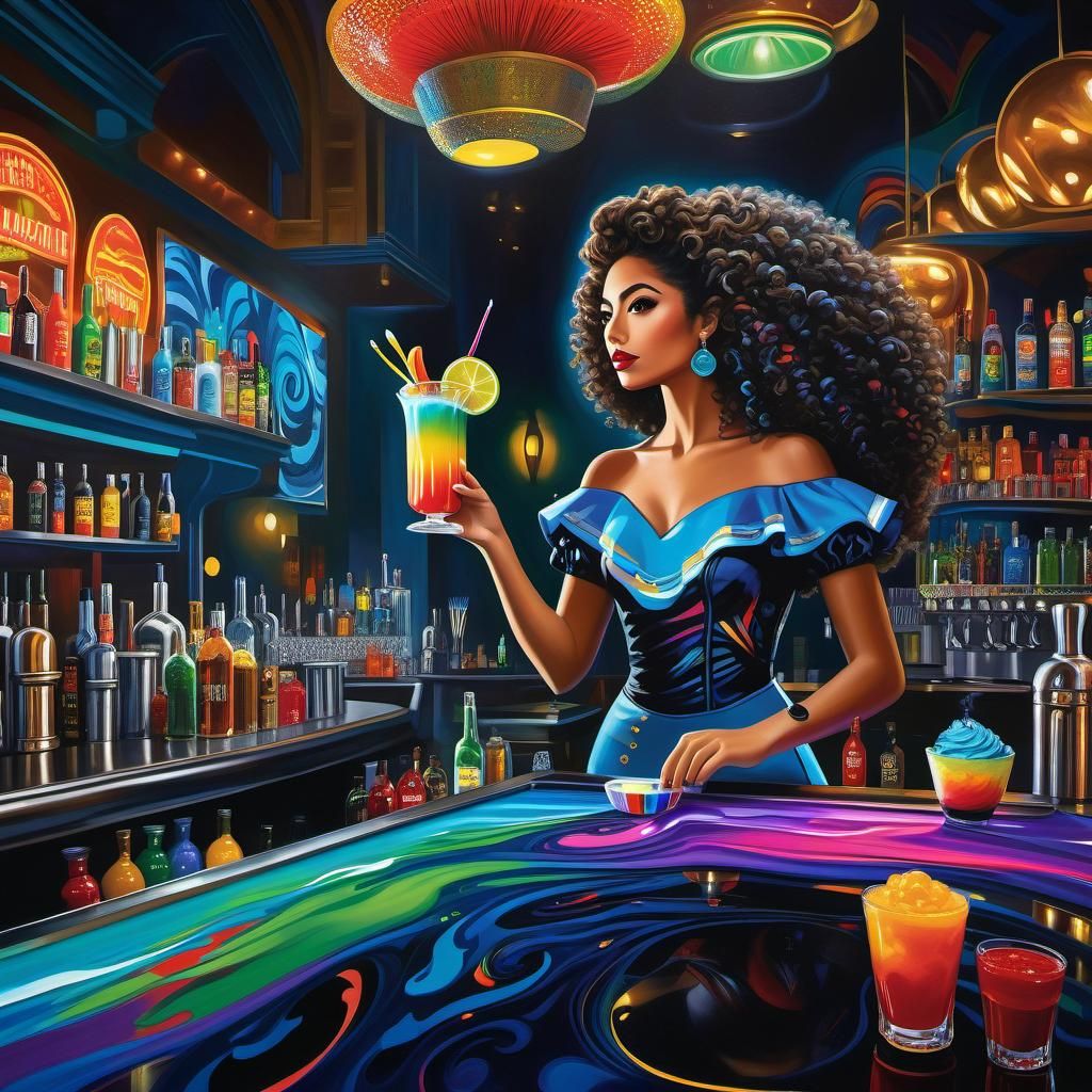 Hypermaximalist Bartender in Dreamy Cafe, Vaporwave Graffiti