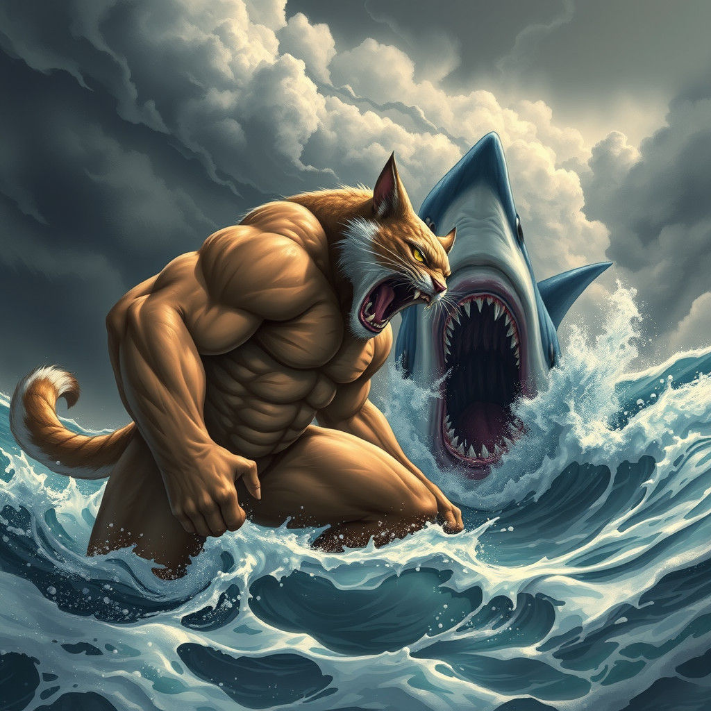 Muscular Cat Confronts Shark in Stormy Ocean