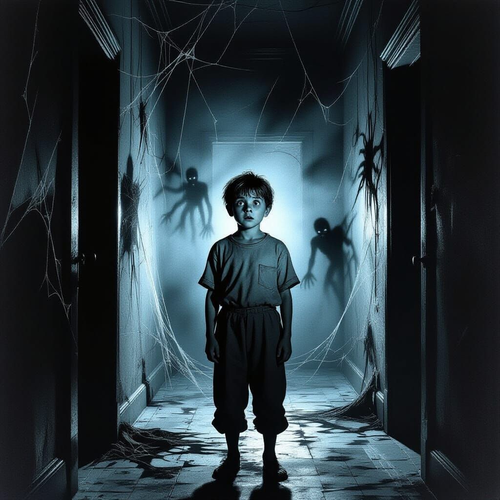 Boy Lost in Shadowy Hallway, Dark Fantasy Art