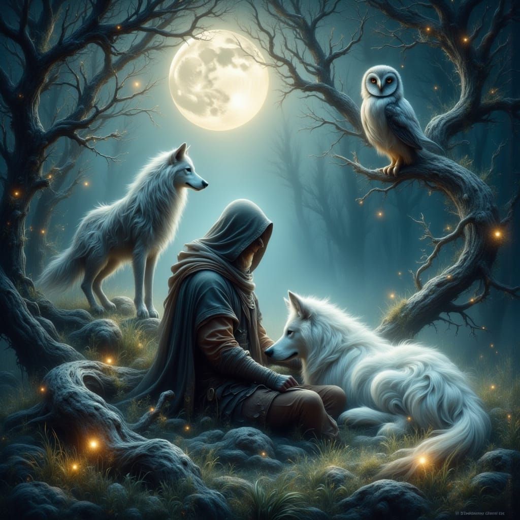 Enchanted Forest Glade with Traveler and Spirit Animals