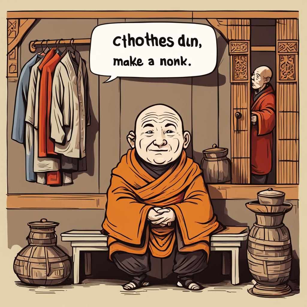Whimsical Humor Illustration Featuring a Playful Monk in Cha...