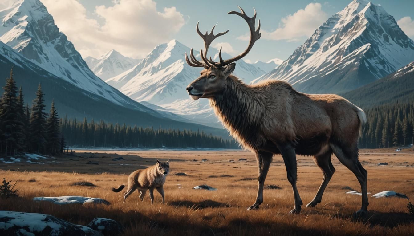 Magnificent Snow Leopard Stalks a Caribou in a Misty, Cinema...