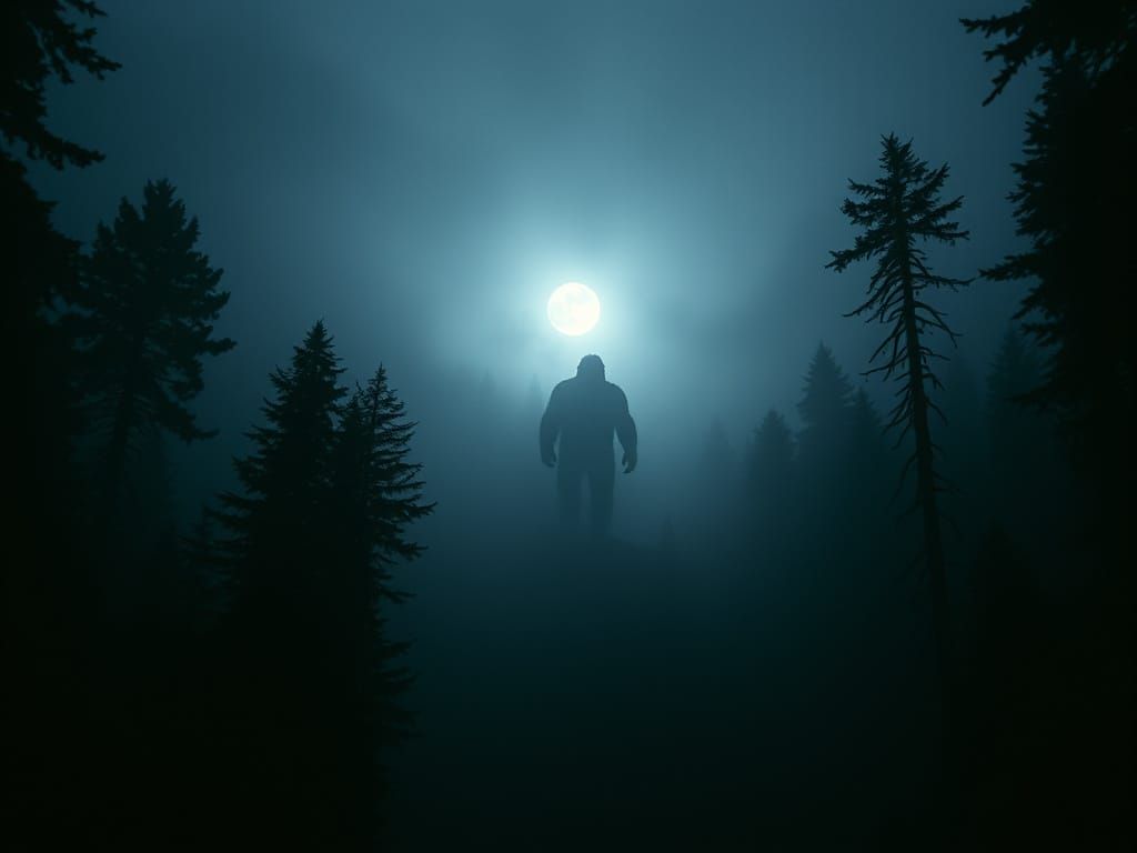 Terrifying Sasquatch Silhouette in Foggy Forest