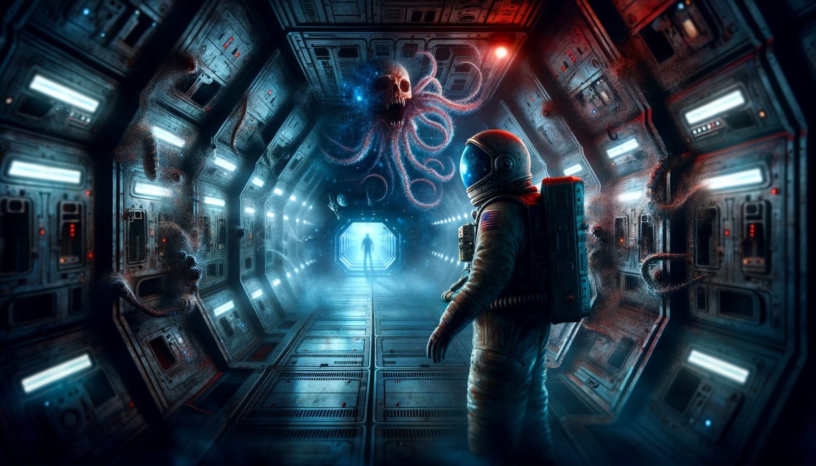 Abandoned Spaceship in Cosmic Ruin, Lit by Red Dwarf Star