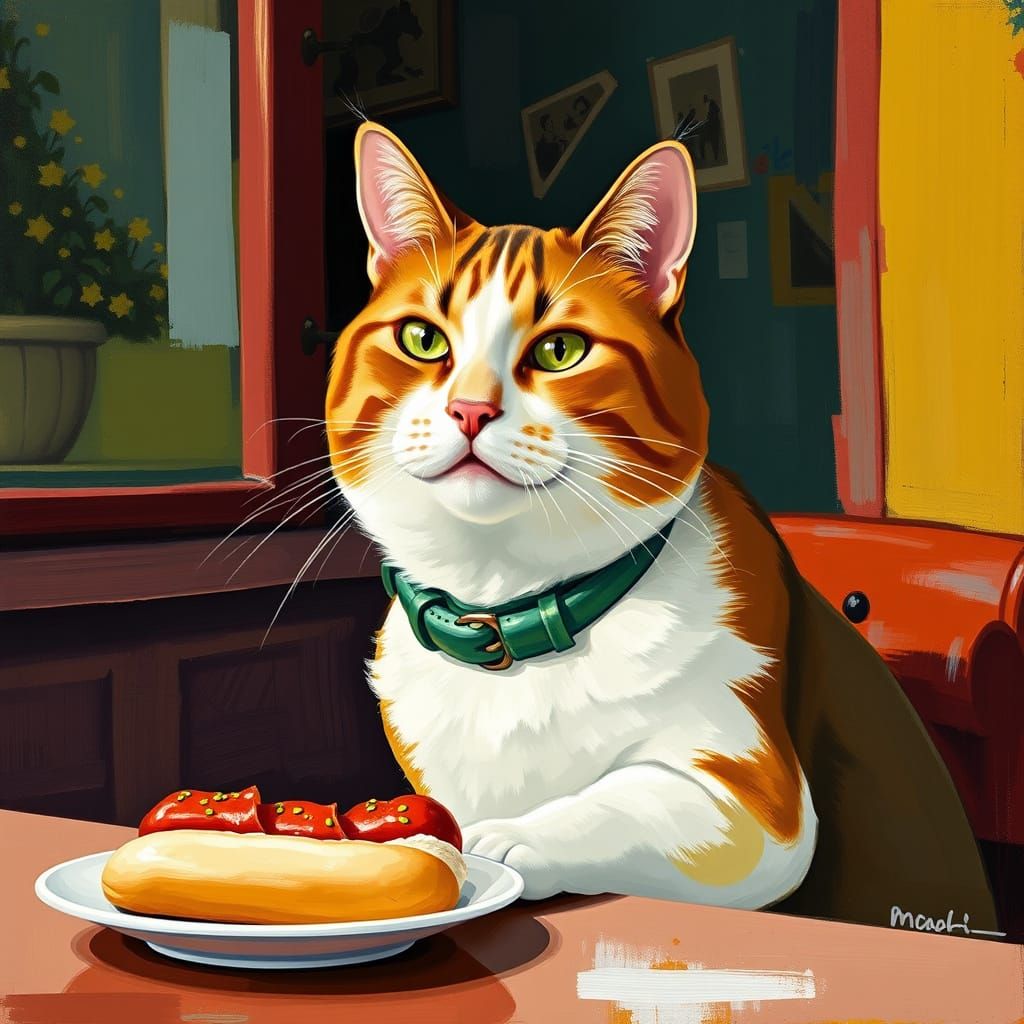 Cat Eats Hotdog in Botero-Hockney Style