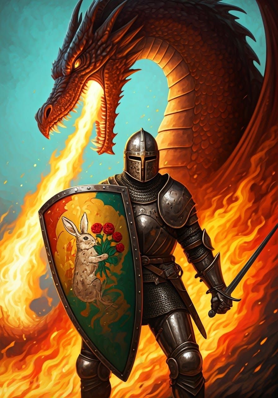 Muscular Knight Battles Dragon in a Blazing Inferno