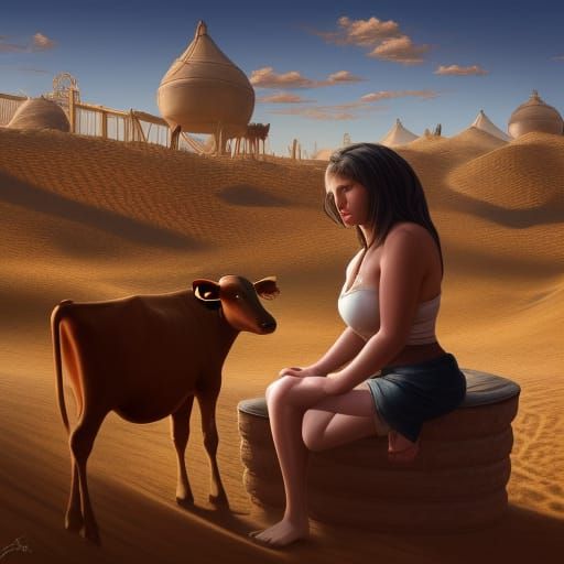 Desert Dairy: Girl Milking Cow in Surreal Landscape