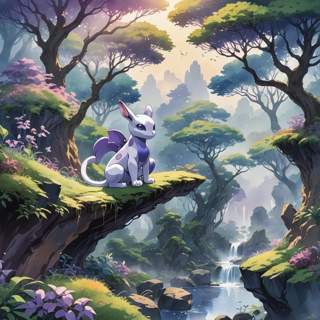 Mewtwo in Serene Landscape, Ghibli Style