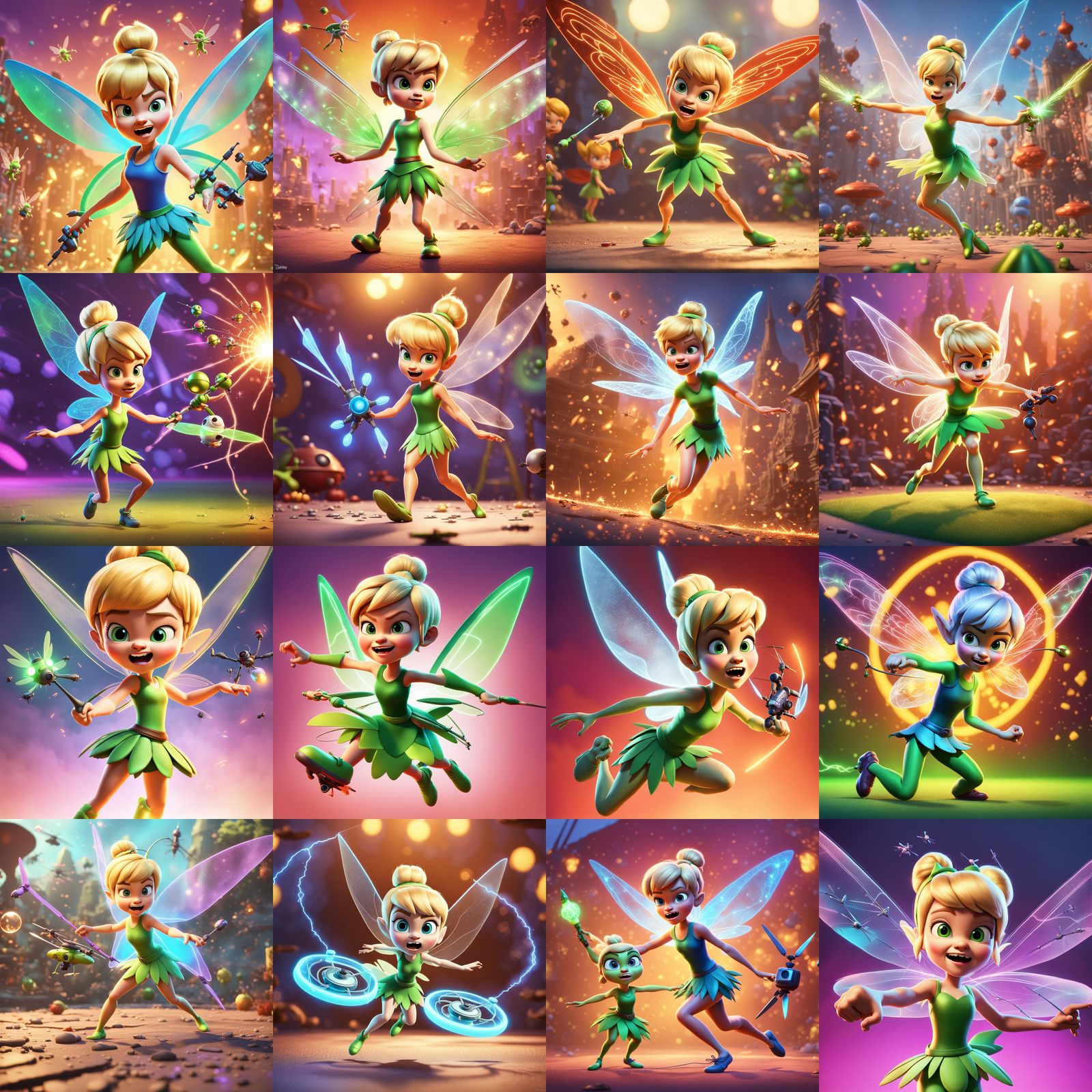 Tinkerbell's Drone Battle: A Pixar-Style 3D Rendering