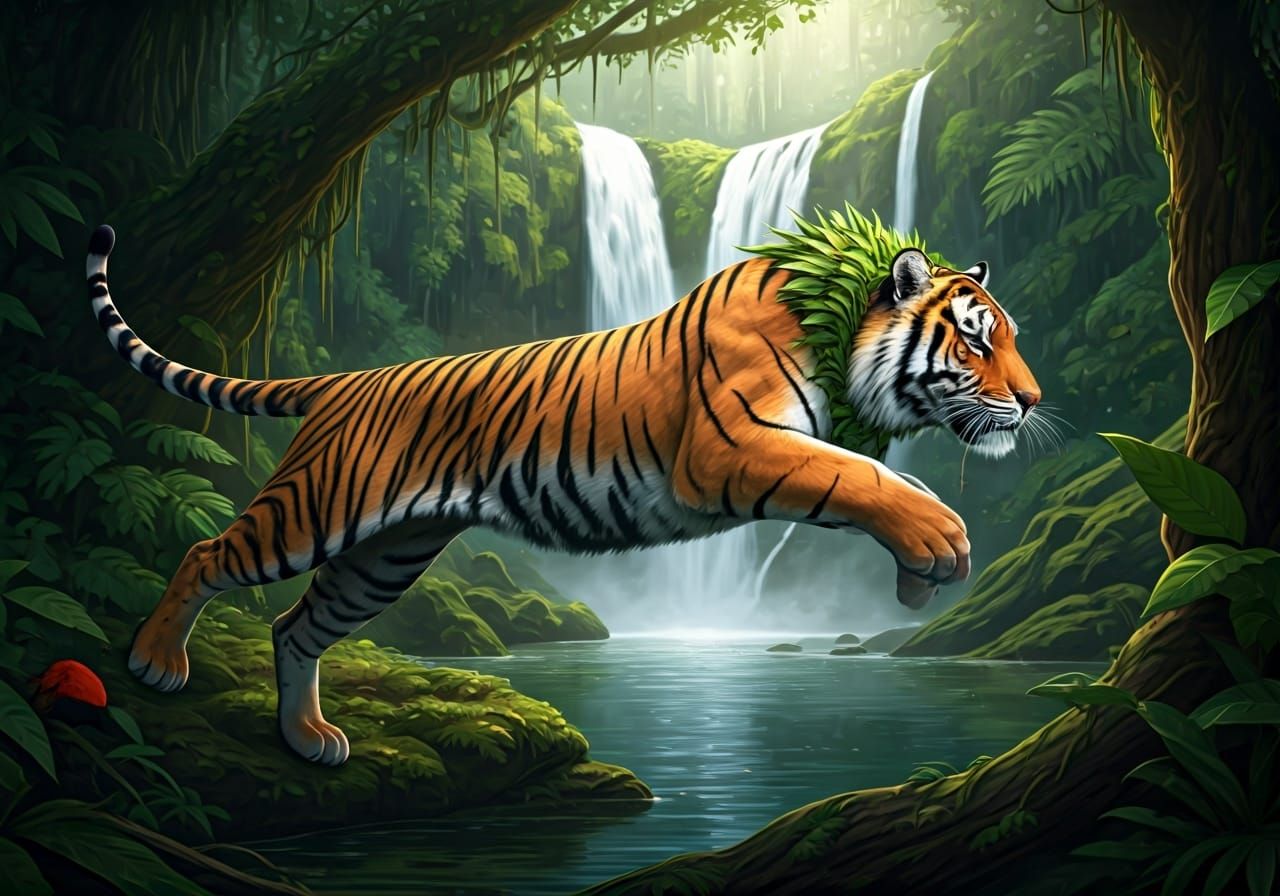 Majestic Tiger Leaps Through Emerald Jungle