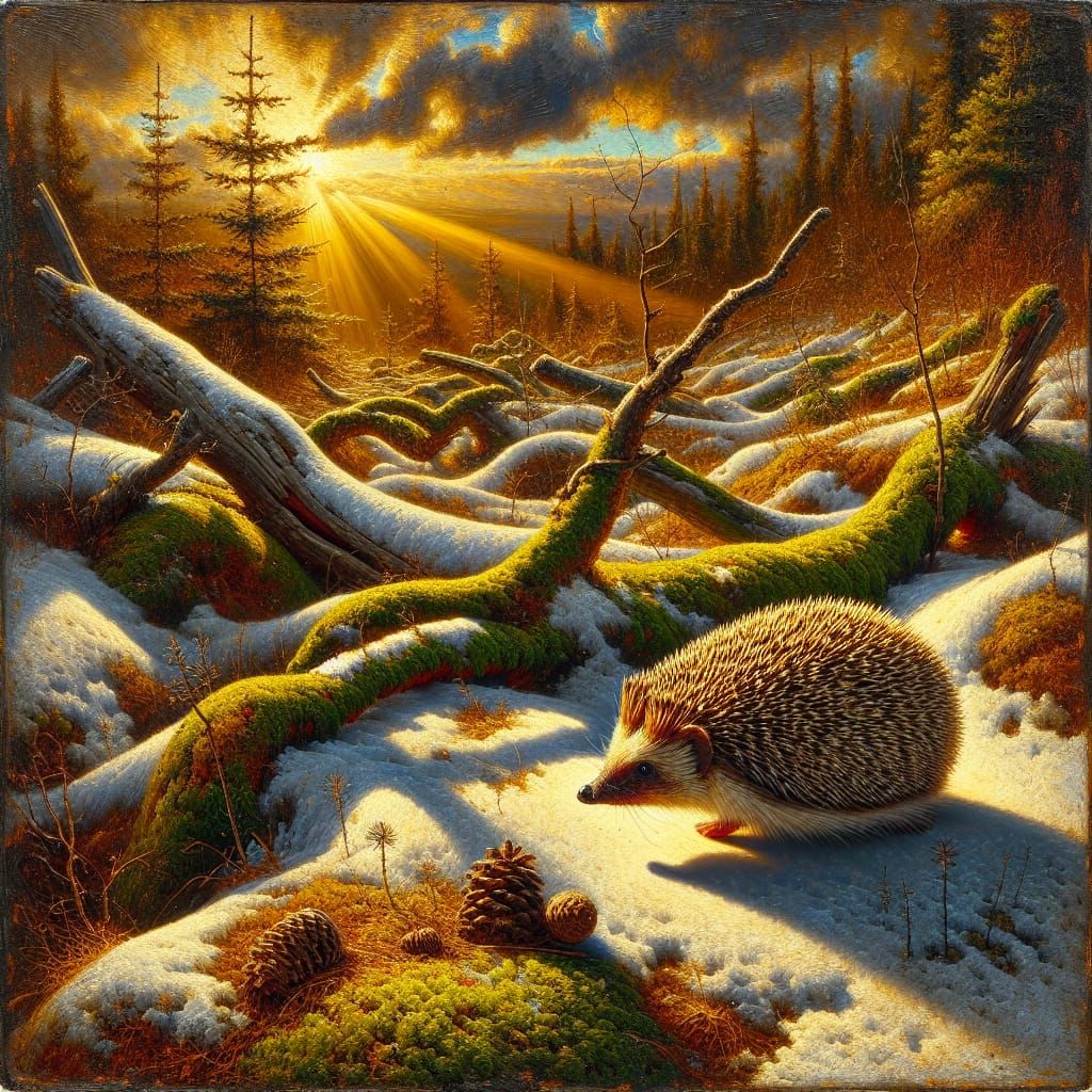 Hedgehog in Frozen Landscape as Acrylic Painting