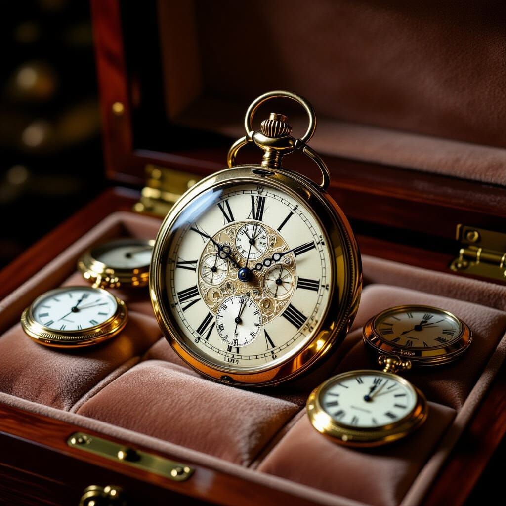 Antique Pocket Watches in Mahogany Display Case