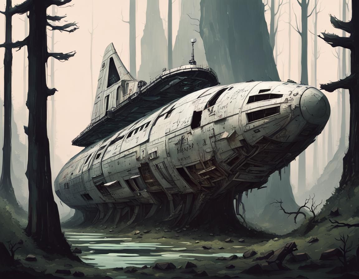 Crashed Spaceship in Forest: Derelict Sci-Fi Wreckage