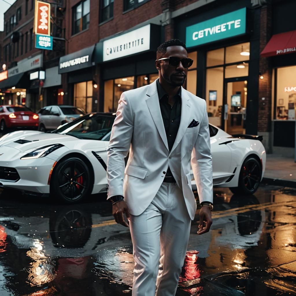 High-Contrast Film Still: Man in White Suit