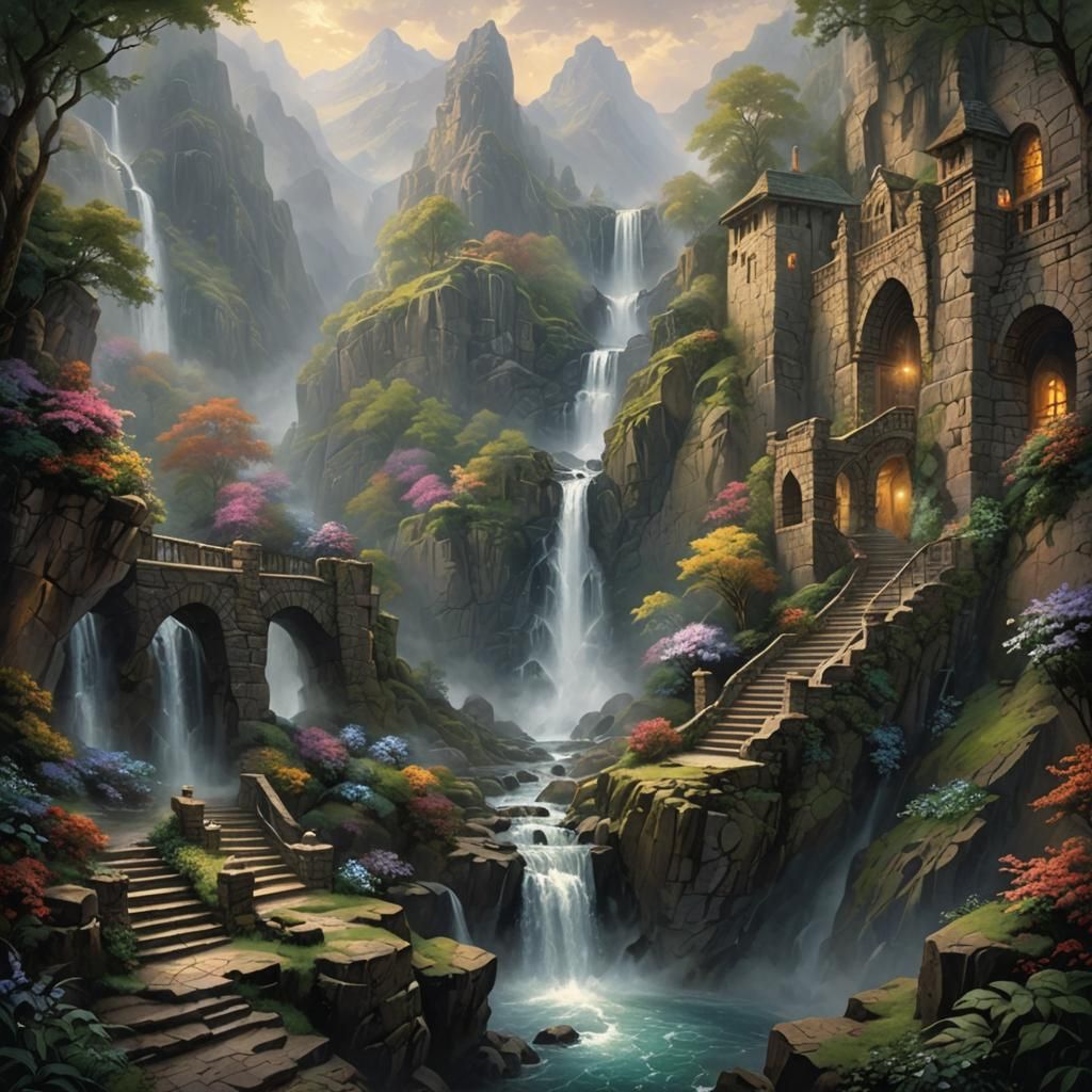 Ethereal Canyon Waterfall with Stone Stairs