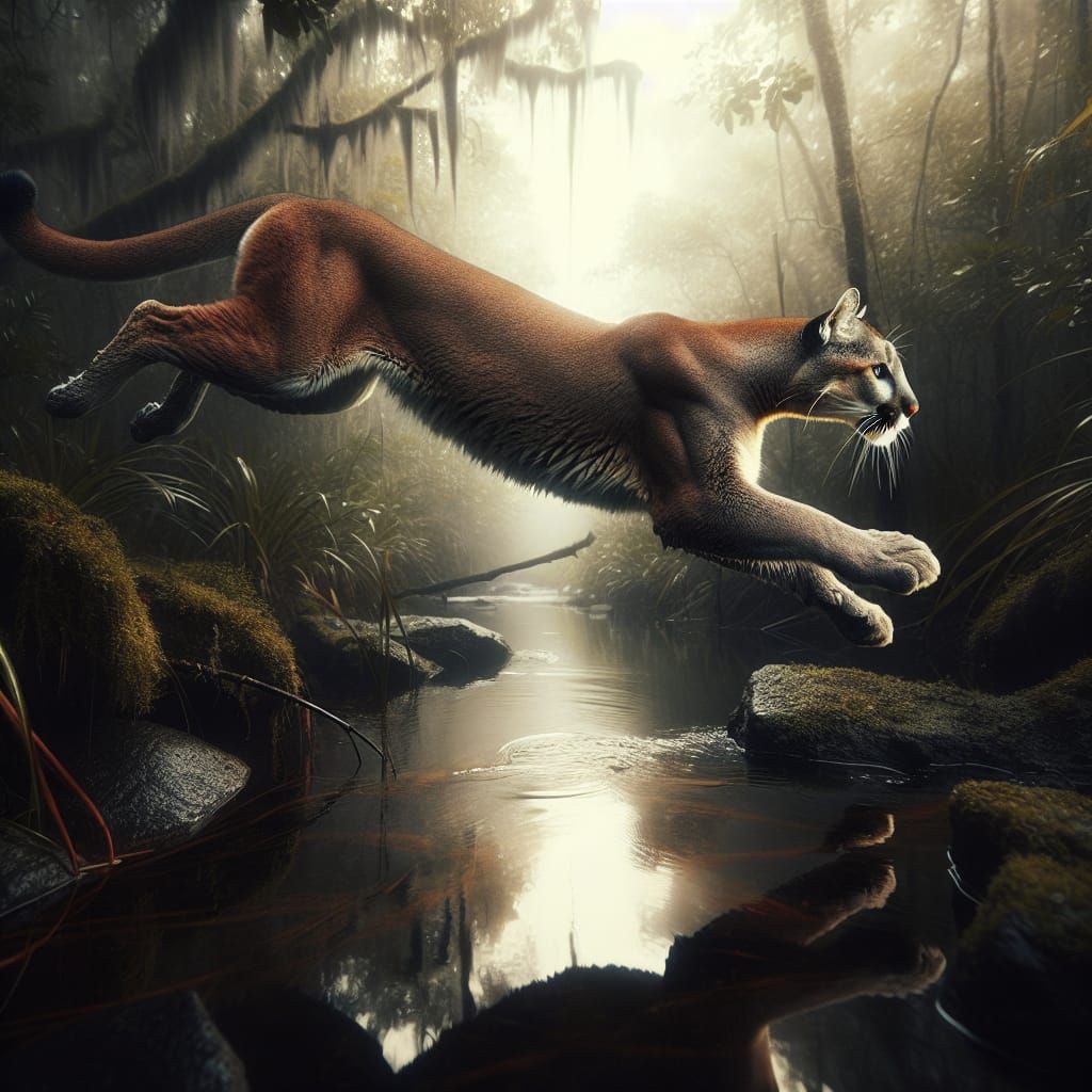 Florida Cougar Leaping in the Everglades