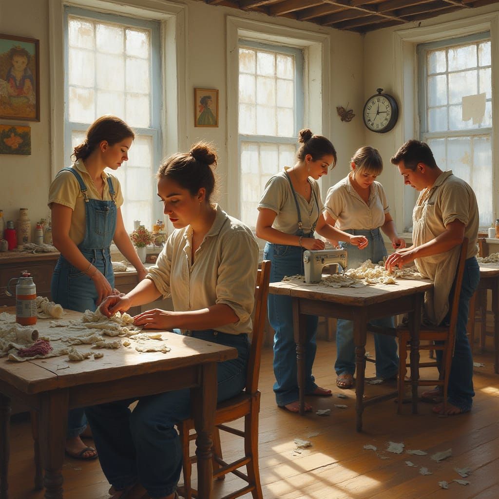 Folk Art: People Sewing Rags into Clothes