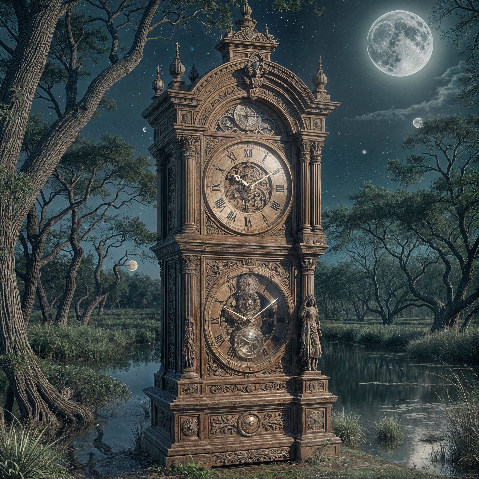 Antique Grandfather Clock in Swamp Under Full Moon