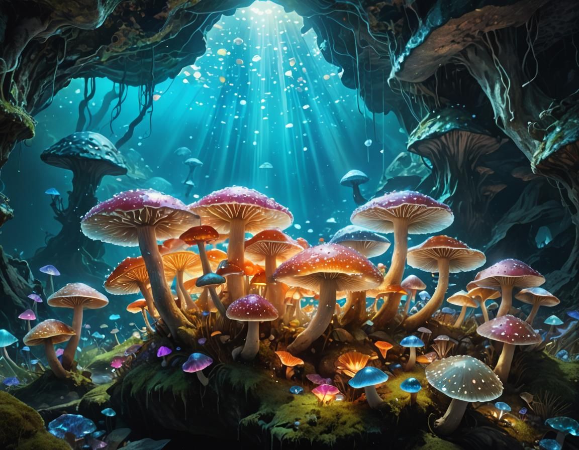 Bioluminescent Mushrooms in Crystalline Grotto