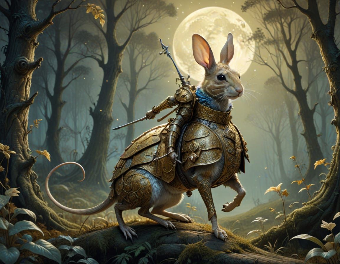 Whimsical Jerboa Knight Rides Majestic Mouse Steed Under Moo...