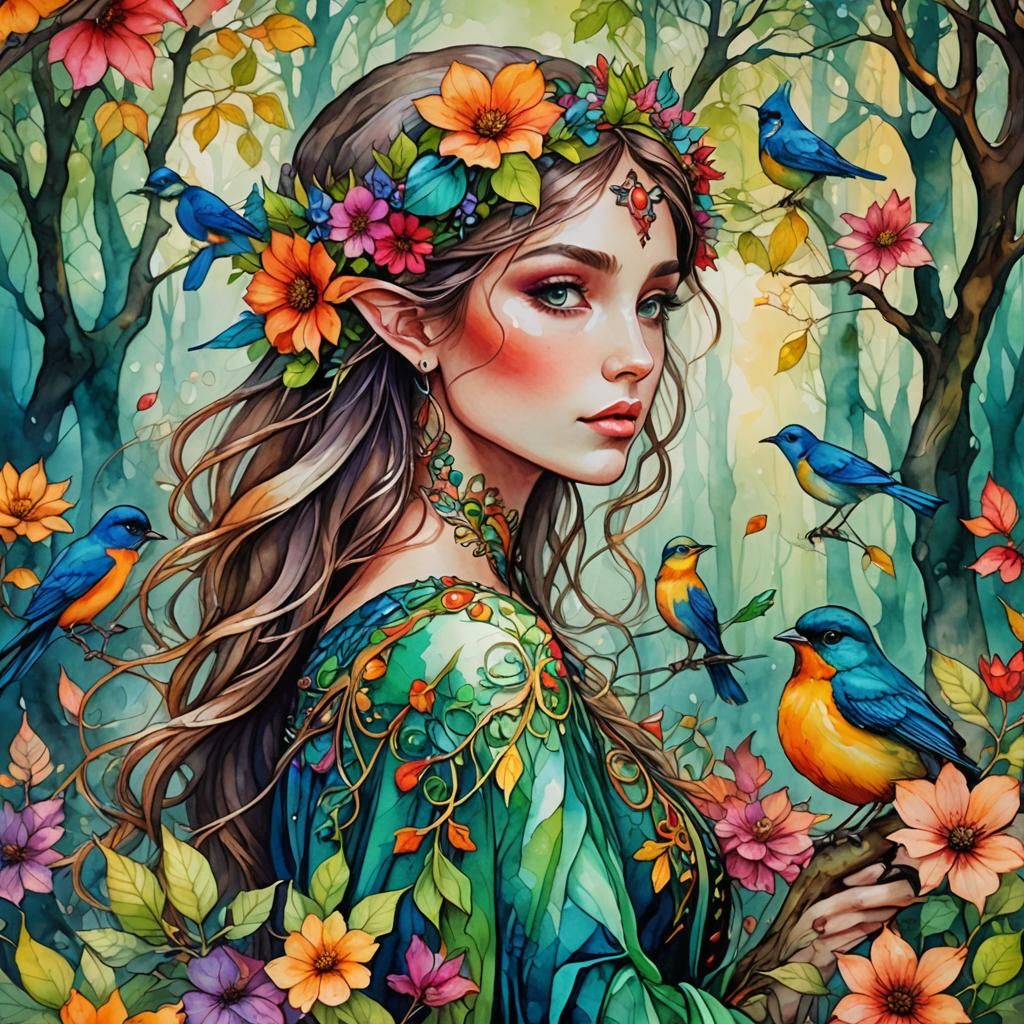 Enchanting Elf Woman in Detailed Alcohol Ink Forest