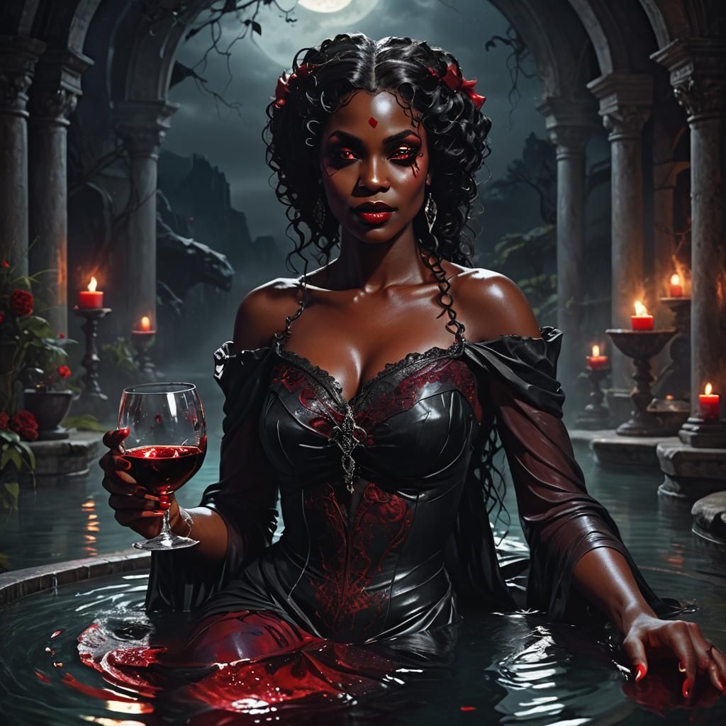 Dark Fantasy Vampire Goddess in Moonlit Blood Pool