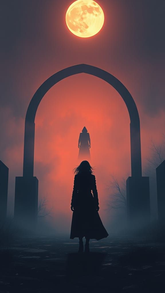 Eerie Midnight Sun with Shadowy Figure