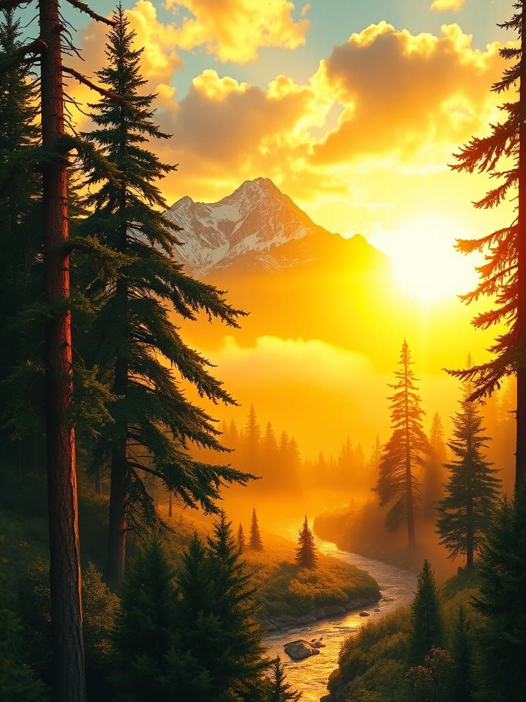 Enchanted Mountain Valley at Sunrise with Golden Mist