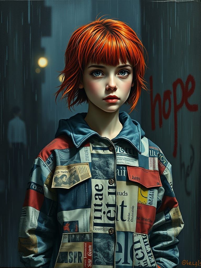 Mixed Media Woman with Red Hair in Urban Landscape