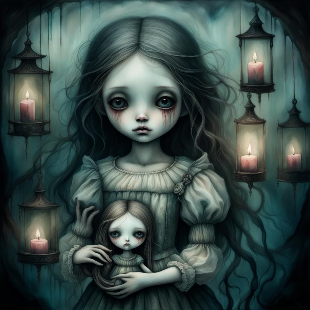 Eerie Dreamscape: Girl with Scarred Doll in Surreal Alcohol ...