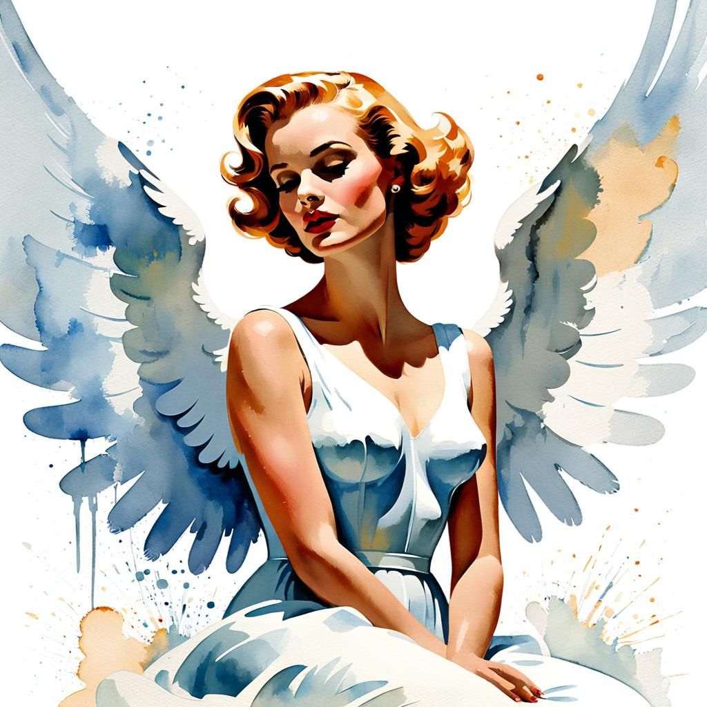 Peaceful Retro Angel in Watercolor Style