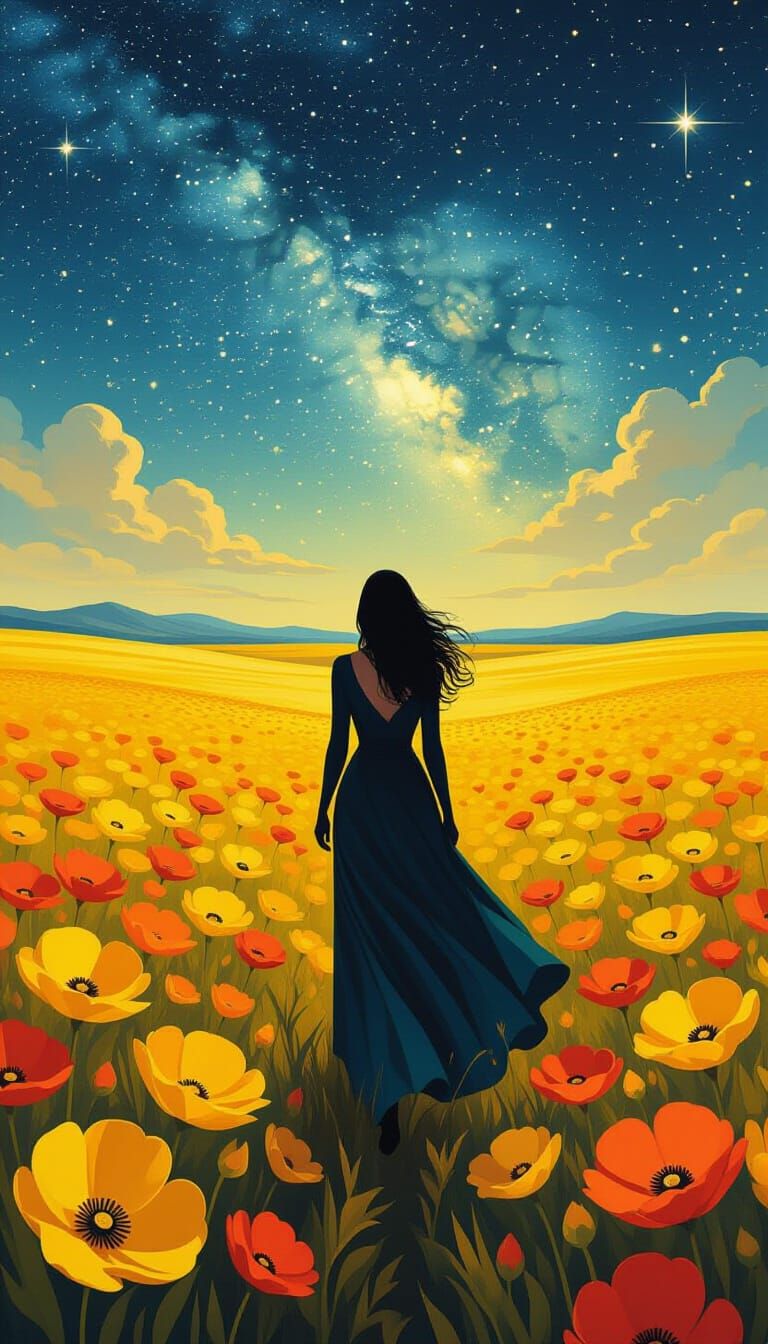 Alien Woman in Starry Field of Luminous Flowers