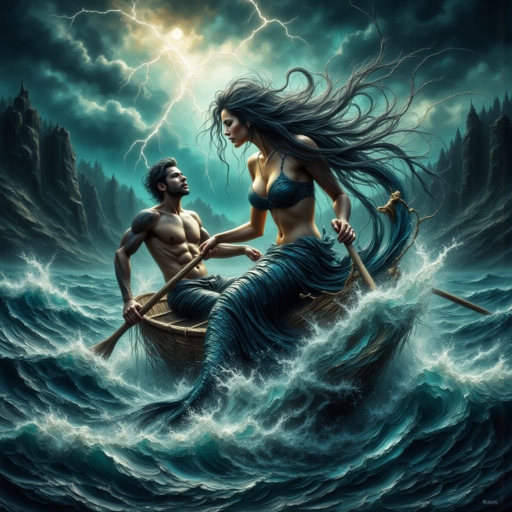 Evil Mermaid Rescues Man In Stormy Sea Digital Painting