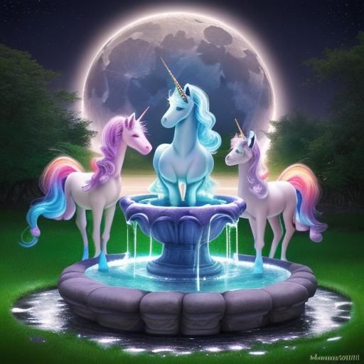 Unicorns at Fairy Fountain in Pastel Rainbow