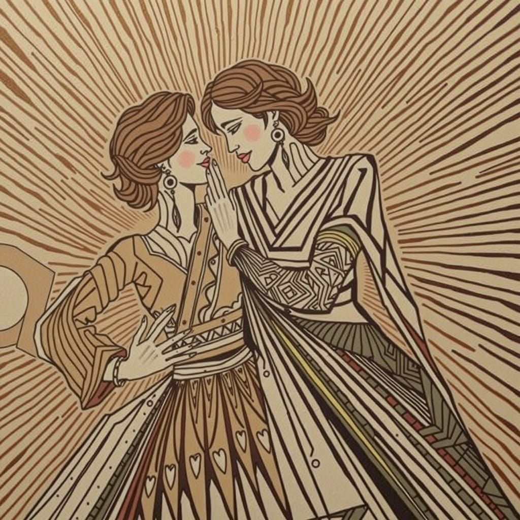 Lesbian Couple Embrace in Geometric Woodcut Style