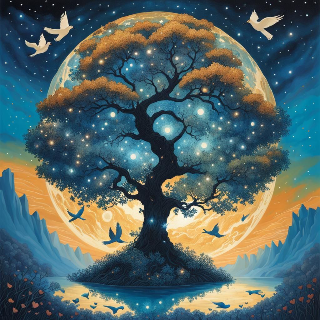 Tree of Life Inside Earth in Starry Cosmos