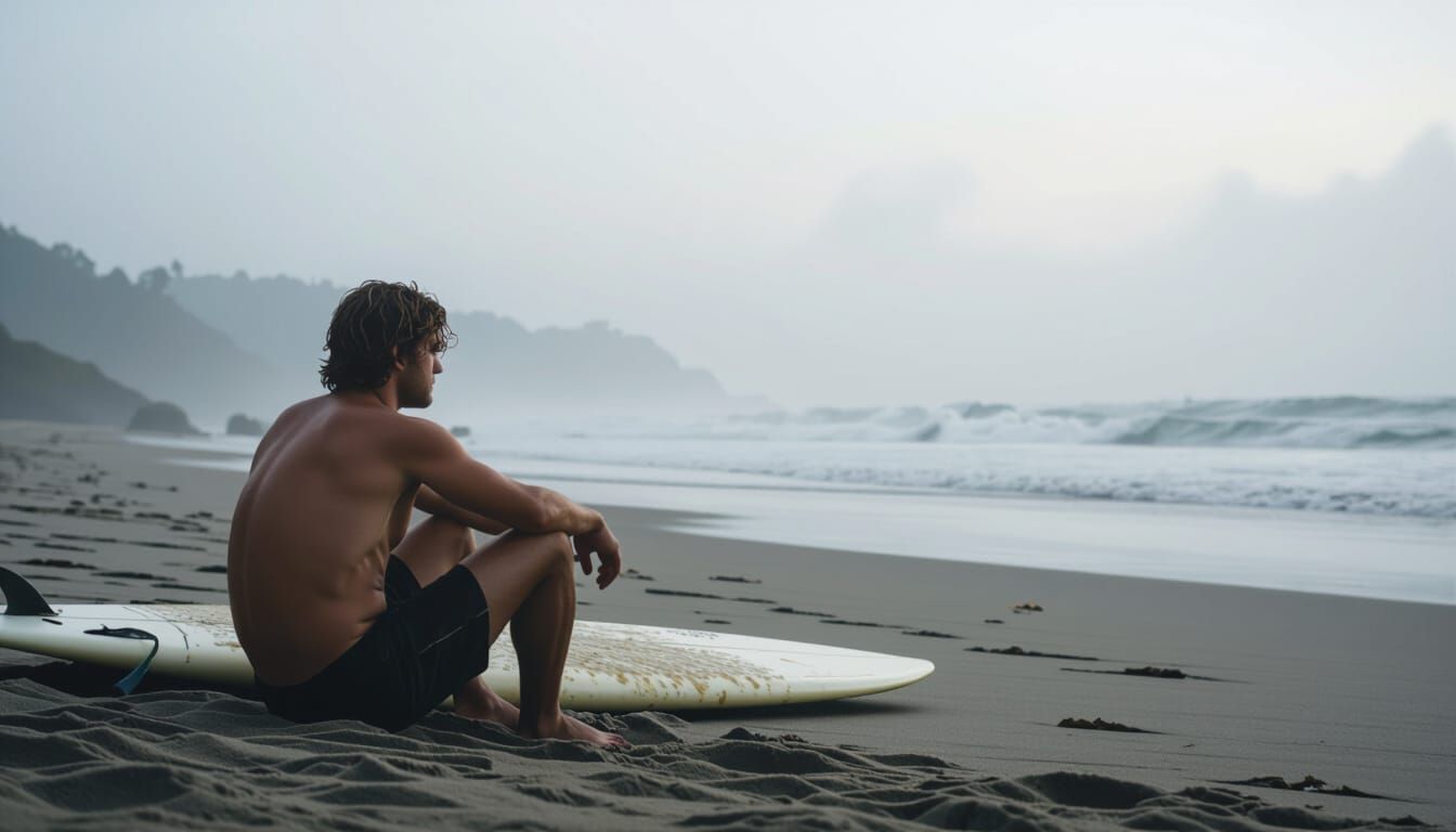 Contemplative Surfer on Foggy Beach: Atmospheric Photography