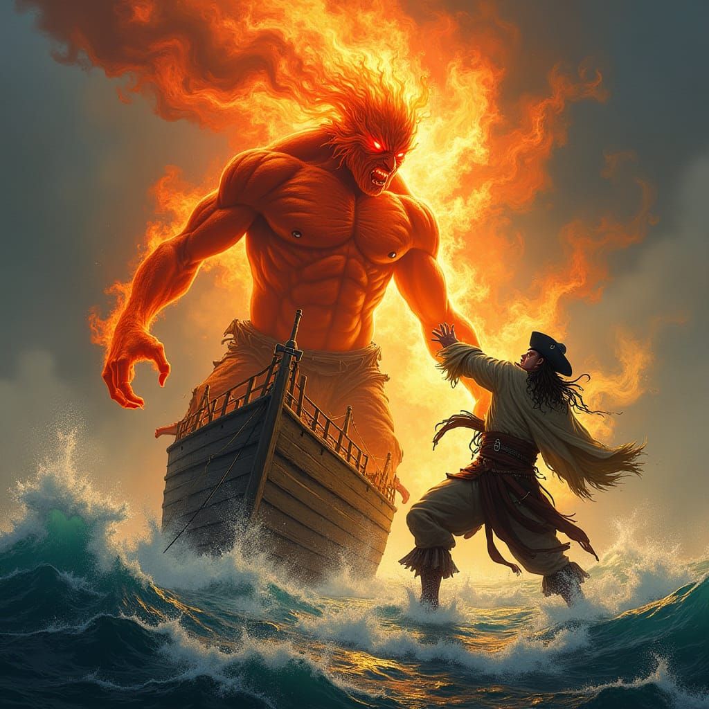 Fire Elemental vs Pirate: A Dramatic Fantasy Scene
