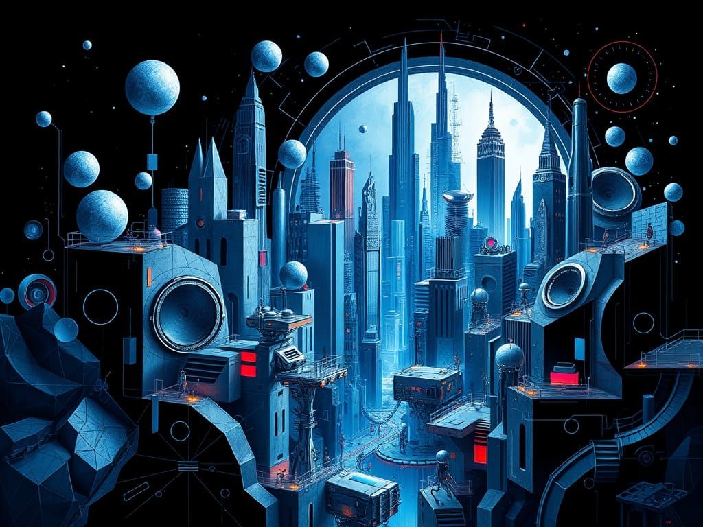 Synthwave Neocubist Cityscape in Silver and Blue