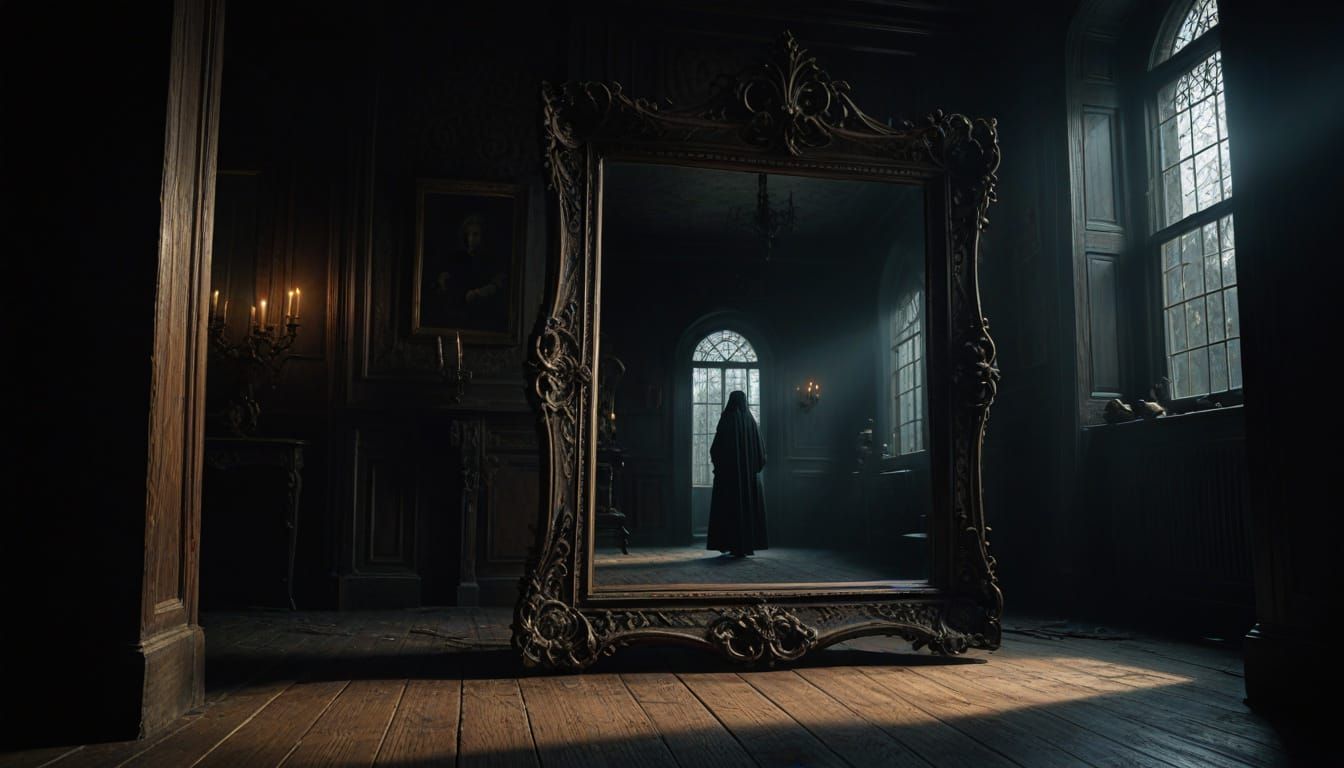 Mysterious Mirror Reflects Midnight Shadows in a Haunting Vi...