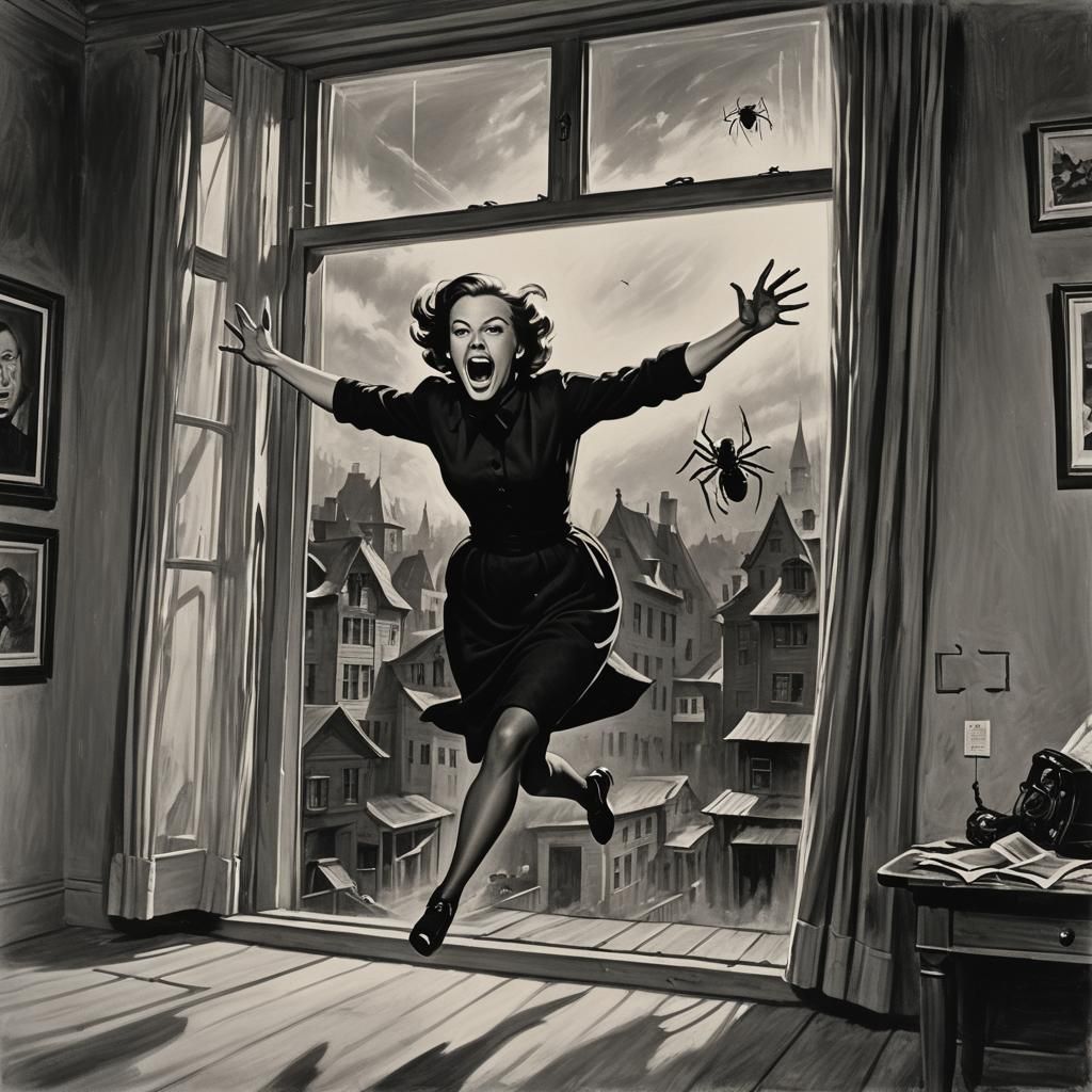 Woman Screams at Spider, Hitchcock and Welles Style