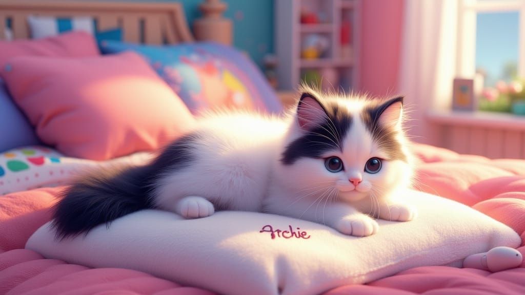 Fluffy White Cat on Cushion in Cozy Bedroom