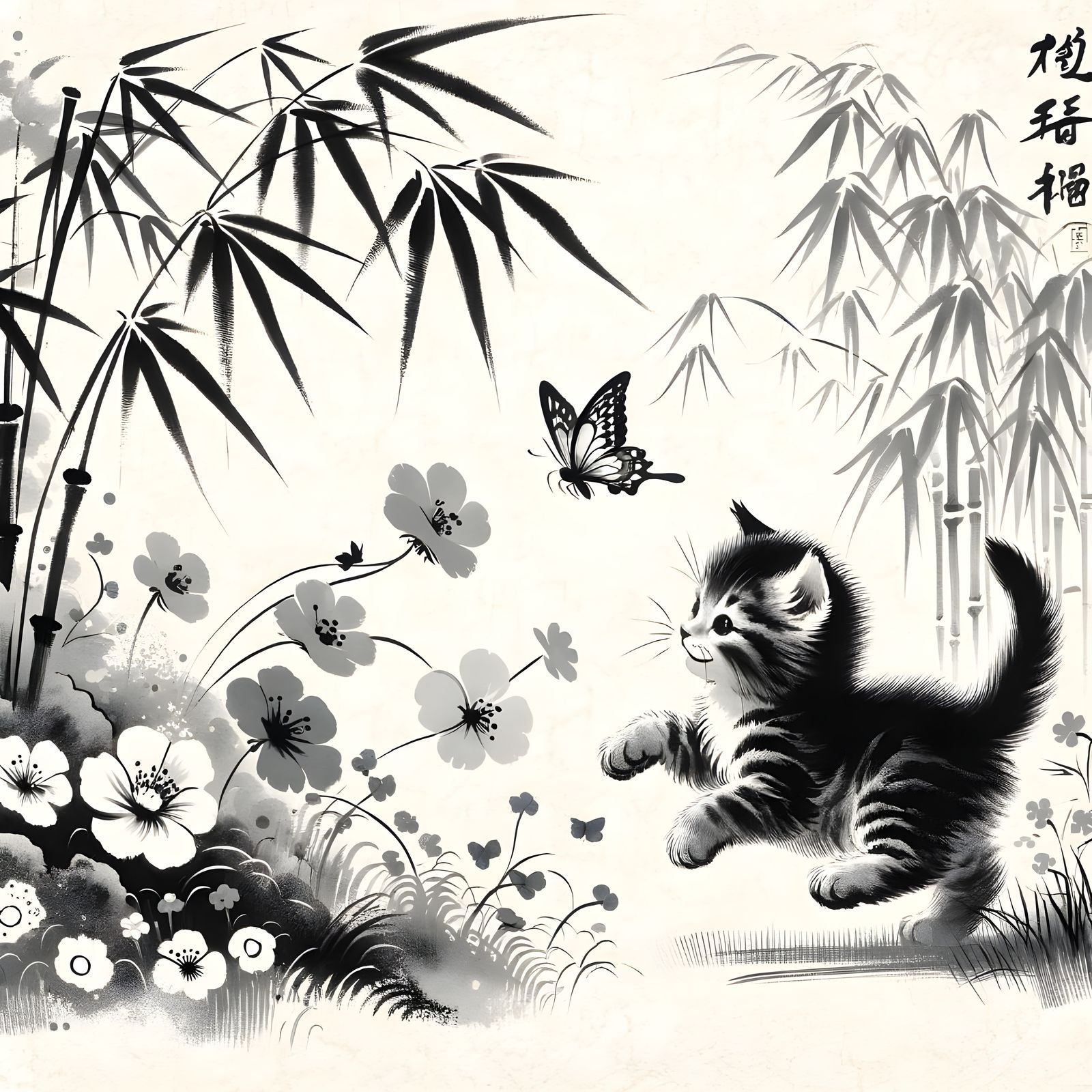 Playful Kitten Chases Butterfly in Serene East Asian Garden